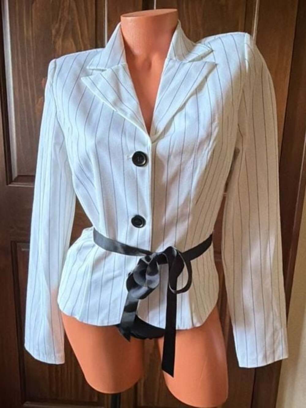 Speechless White Pinstripe Blazer Jacket with Black Ribbon Belt